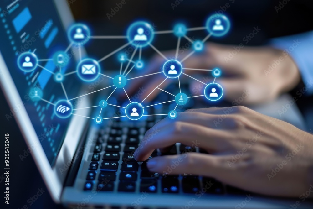 Poster close up of hands typing on laptop with blue icons representing people and an open letter icon float