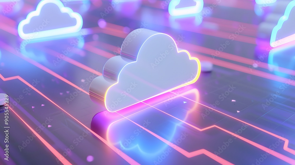 Poster colorful 3d rendering of cloud computing symbols connected by neon pathways, representing modern dig