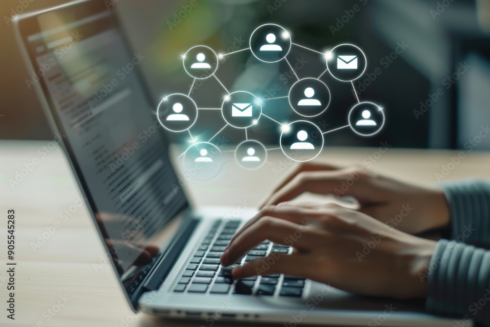 Poster a person typing on an open laptop, with icons of people and an envelope floating around them to repr