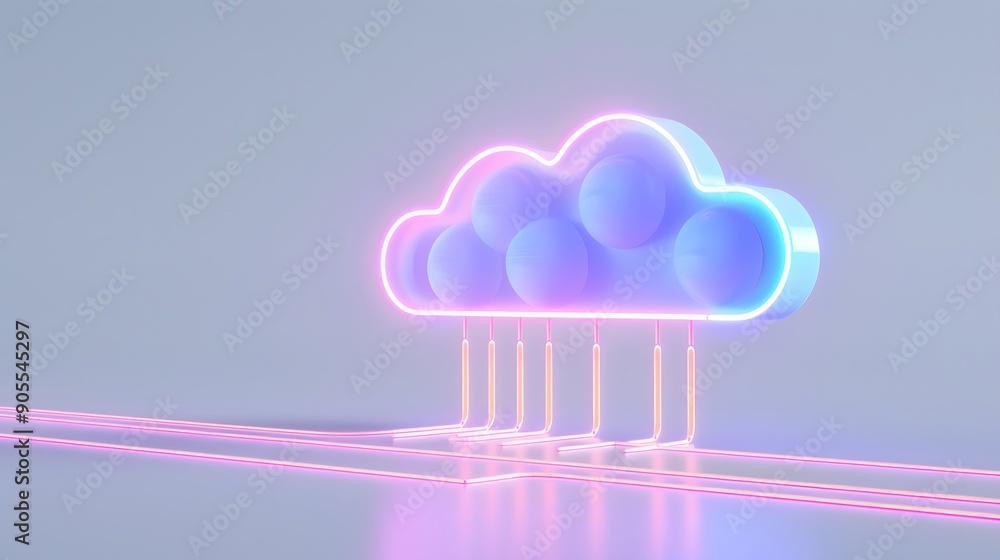 Poster colorful cloud computing concept illustration with neon lights and abstract design representing data