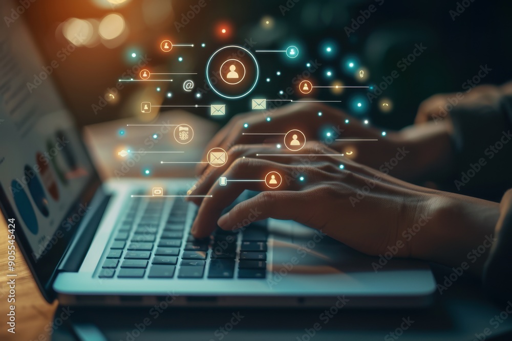 Poster a person is typing on an open laptop, with icons of people and envelopes around the message bubble a
