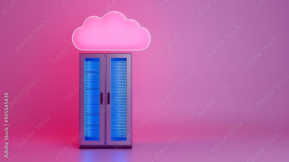 Poster colorful cloud server on a pink background, symbolizing modern cloud computing technology and data s