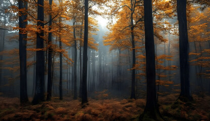 Atmospheric autumn forest, tall trees, rich orange foliage, misty ambiance, versatile, ideal for marketing, decor, lifestyle niches, evokes tranquility, nature themes.