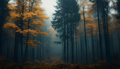 Obraz premium Dense foggy autumn forest, towering dark trees, vibrant orange leaves, serene atmosphere, nature's beauty, ideal for marketing, wellness, and relaxation themes, ample copy space.