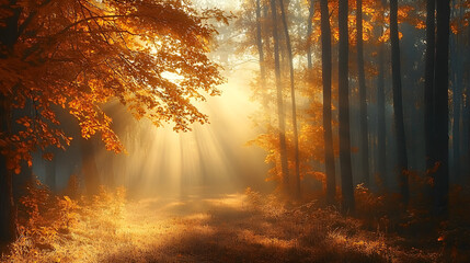 serene autumn forest, golden sunlight, vibrant foliage, tranquil atmosphere, potential for outdoor promotion, ideal for wellness and meditation industries