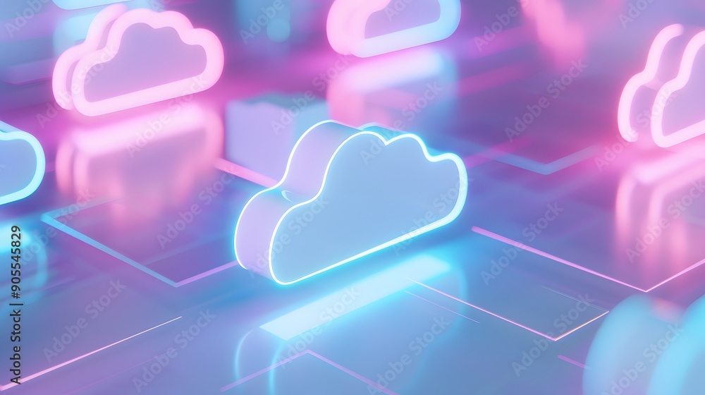Poster colorful neon cloud icons represent cloud computing and data storage technology in a futuristic digi