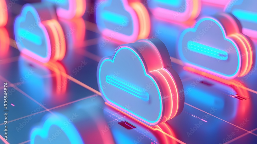 Poster colorful neon cloud icons representing cloud computing and data storage technology in a futuristic s