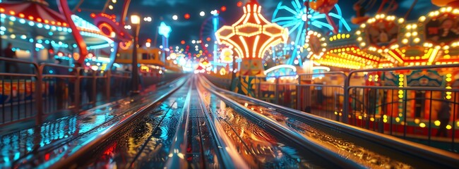 Fototapeta premium A colorful carnival featuring rides, games, and festive lights, creating a lively atmosphere filled with carnival fun.