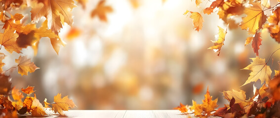 Sunlit autumn leaves framing a blurred background, ideal for thanksgiving themes, seasonal marketing, or nature-focused projects, ample copy space.