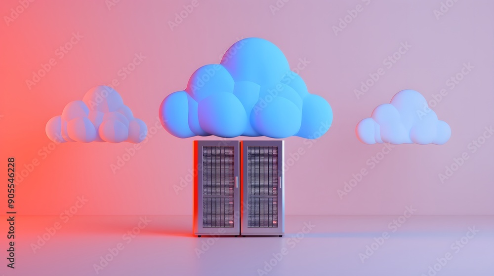 Poster conceptual image of cloud computing technology with server and virtual cloud hanging above in a mini