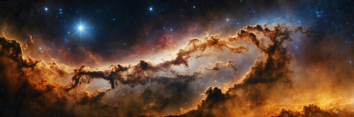 Fototapeta premium Background panorama of vast, swirling nebula with vibrant golden, against backdrop of twinkling stars. Cosmic landscape