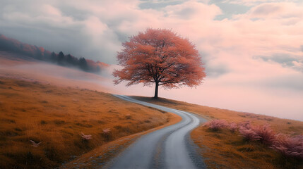serene winding road, majestic autumn tree, captivating landscape, tranquility, nature photography, ideal for travel, marketing, wellness, print, digital use
