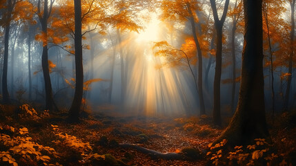 Fototapeta premium Enigmatic autumn forest with sun rays piercing mist, vibrant orange foliage, inviting tranquility, ideal for nature enthusiasts, wellness sectors, and mindfulness.