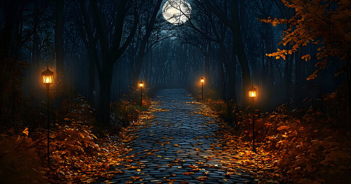 Moody cobblestone path, illuminated lanterns, barren trees, vibrant autumn foliage; ideal for seasonal marketing, nature themes, and wellness promotion.