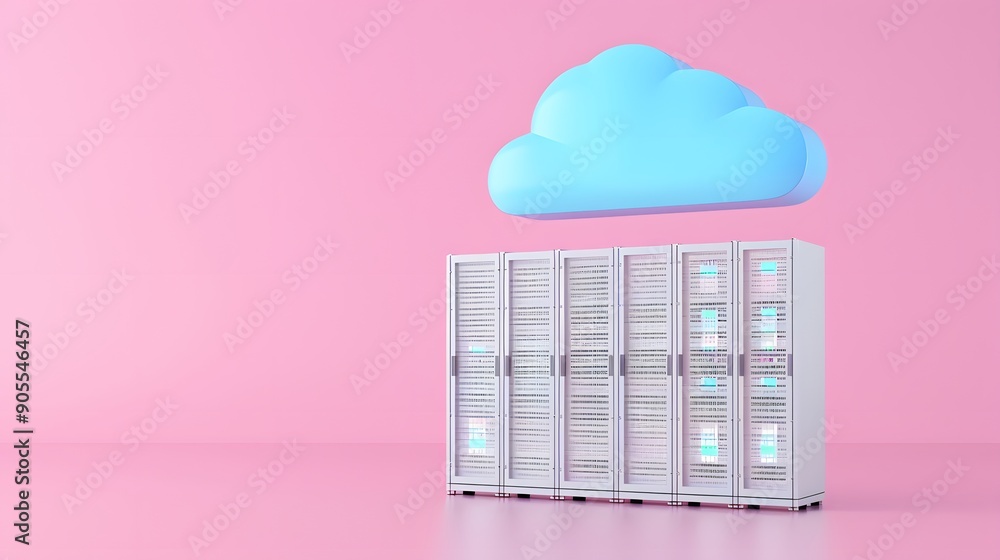 Poster data server rack with cloud icon on pink background symbolizing modern cloud storage and data manage