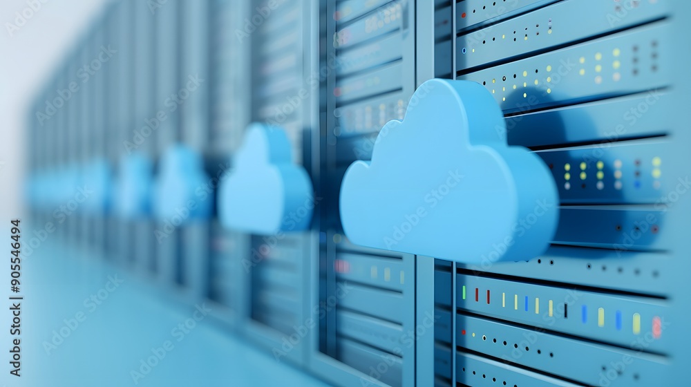 Poster data server room with blue cloud icons representing cloud computing, data storage, and modern techno