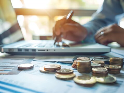 Close up of a person working at a desk with a laptop, a pen, and stacks of coins.