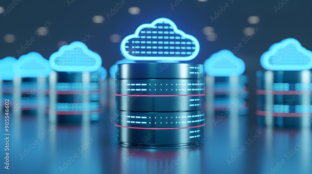 Poster data storage concept image showing servers and cloud symbols representing digital technology, cloud 
