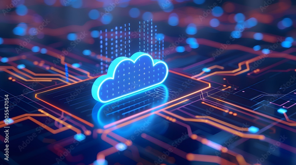 Poster digital cloud computing concept with a glowing cloud icon on a circuit board, representing technolog