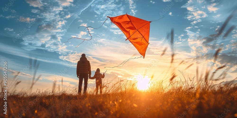 Poster Father and Son Flying a Kite at Sunset