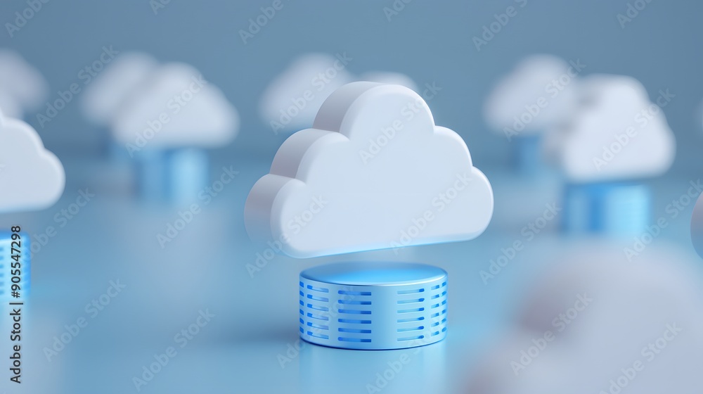 Poster digital cloud computing concept with blue background, featuring abstract cloud symbols on pedestals 