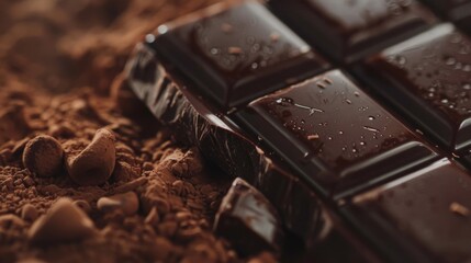 Close-up of a dark chocolate bar with cocoa powder and nibs.