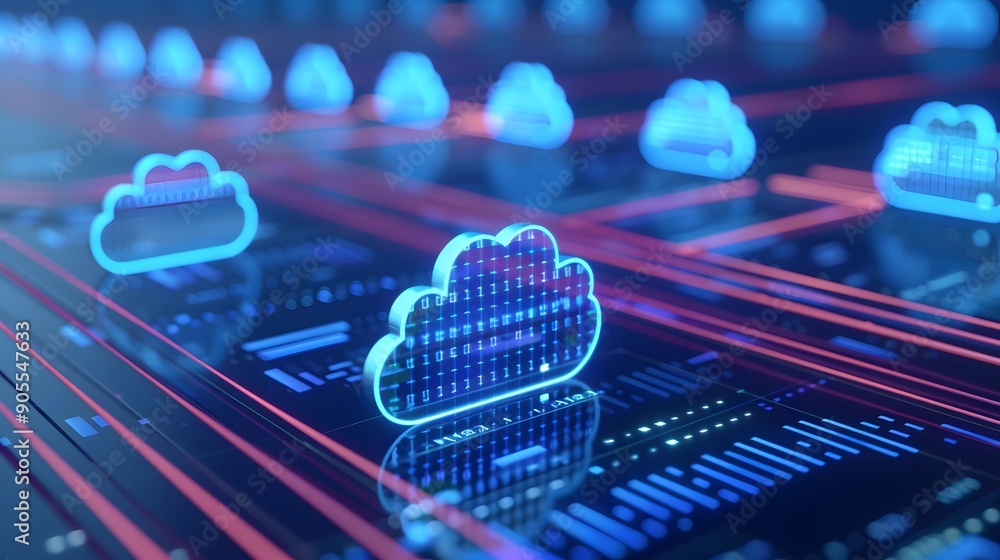 Poster digital cloud computing concept with neon blue cloud icons on circuit board background representing 