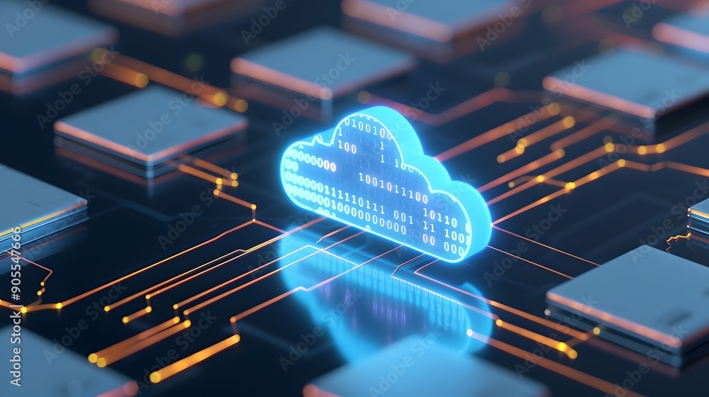 Poster digital cloud computing concept with neon cloud symbol and circuit board in futuristic technology ba