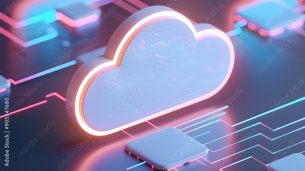 Poster digital cloud computing concept with neon lights and holographic interface. futuristic data storage 