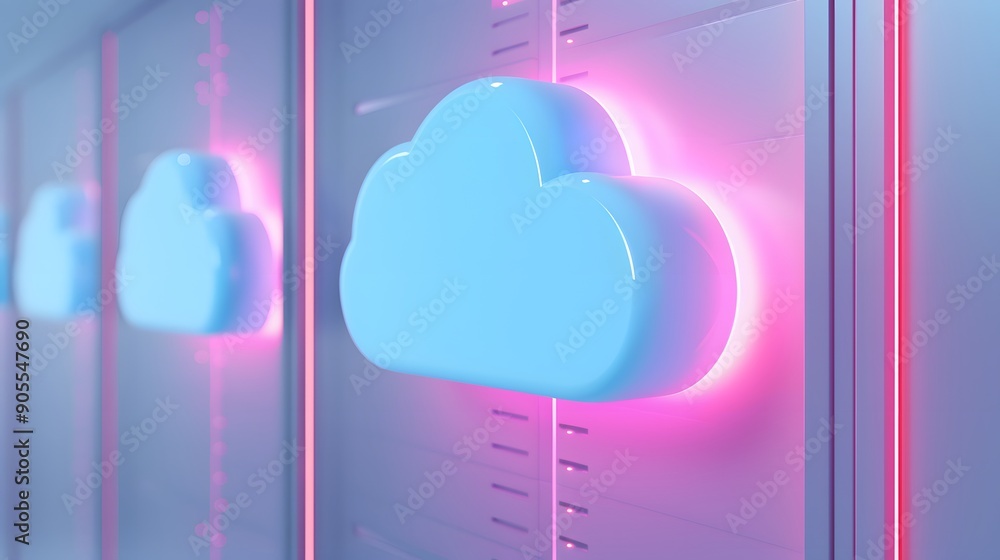 Poster digital cloud computing concept with neon lights. data storage technology for modern web services an