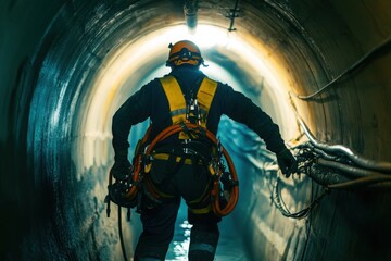 Fototapeta premium Worker in Safety Gear Navigating Underground Tunnel