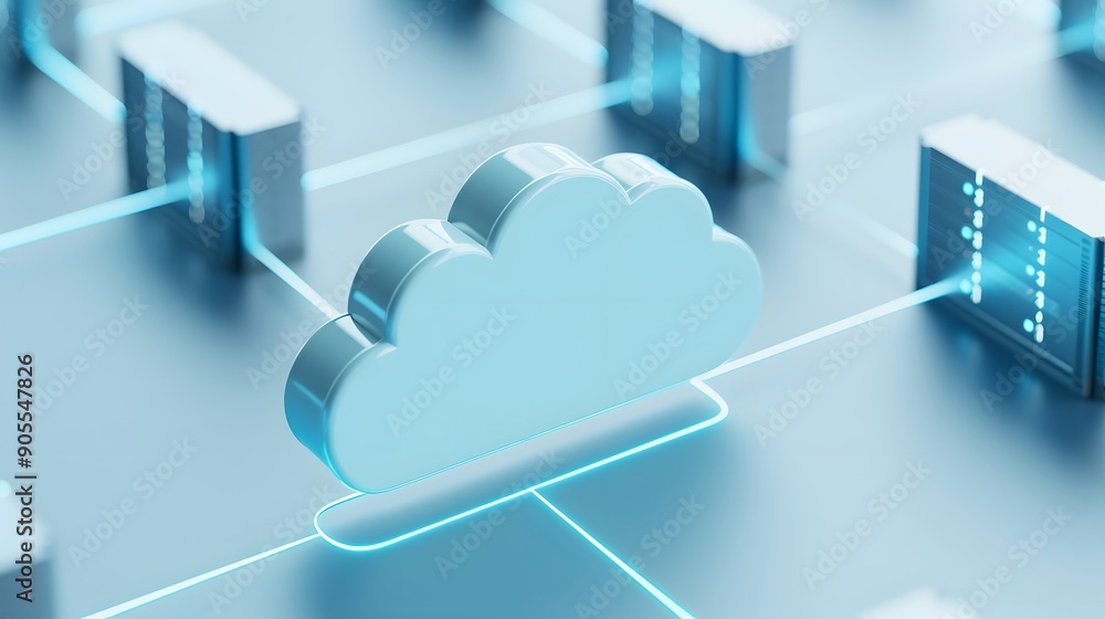 Poster digital cloud computing network concept with 3d cloud symbol connected to data nodes and server icon