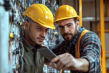 Engineers Inspecting Electrical Panel with Digital Device