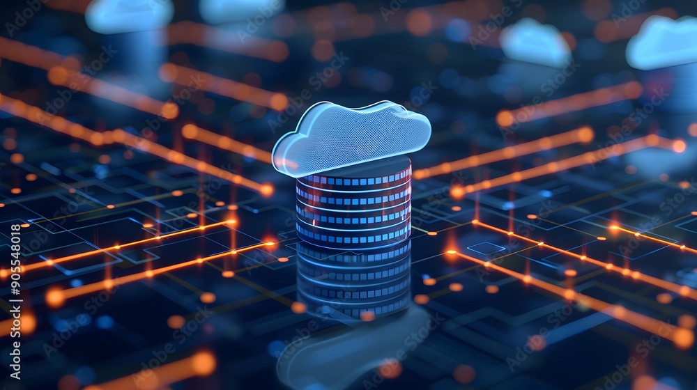 Aufkleber digital cloud computing representation with data servers and neon lights, illustrating modern techno
