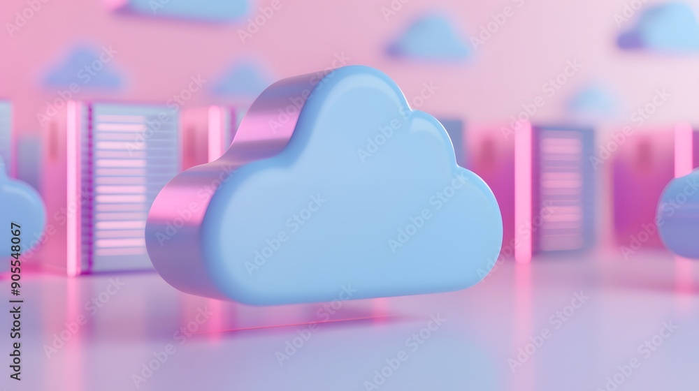 Poster digital cloud computing represents data storage technology surrounded by abstract pink and blue hues