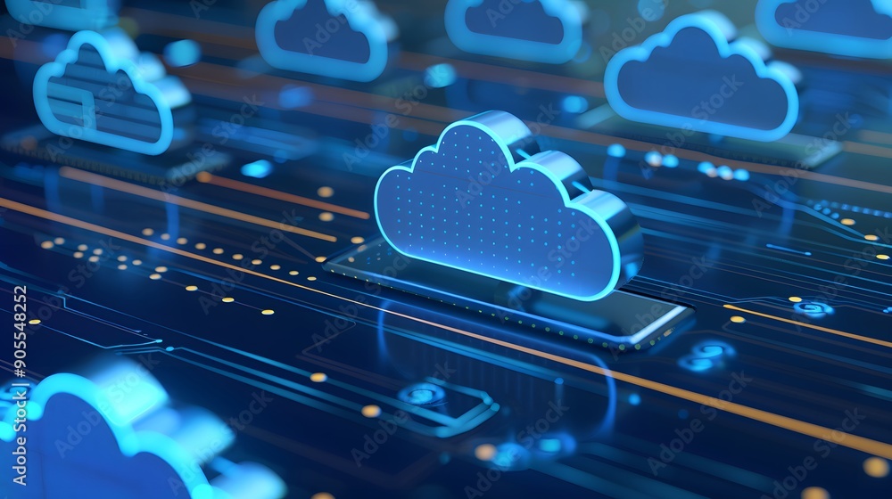 Poster digital cloud computing technology concept with glowing cloud icons over a dark background, represen