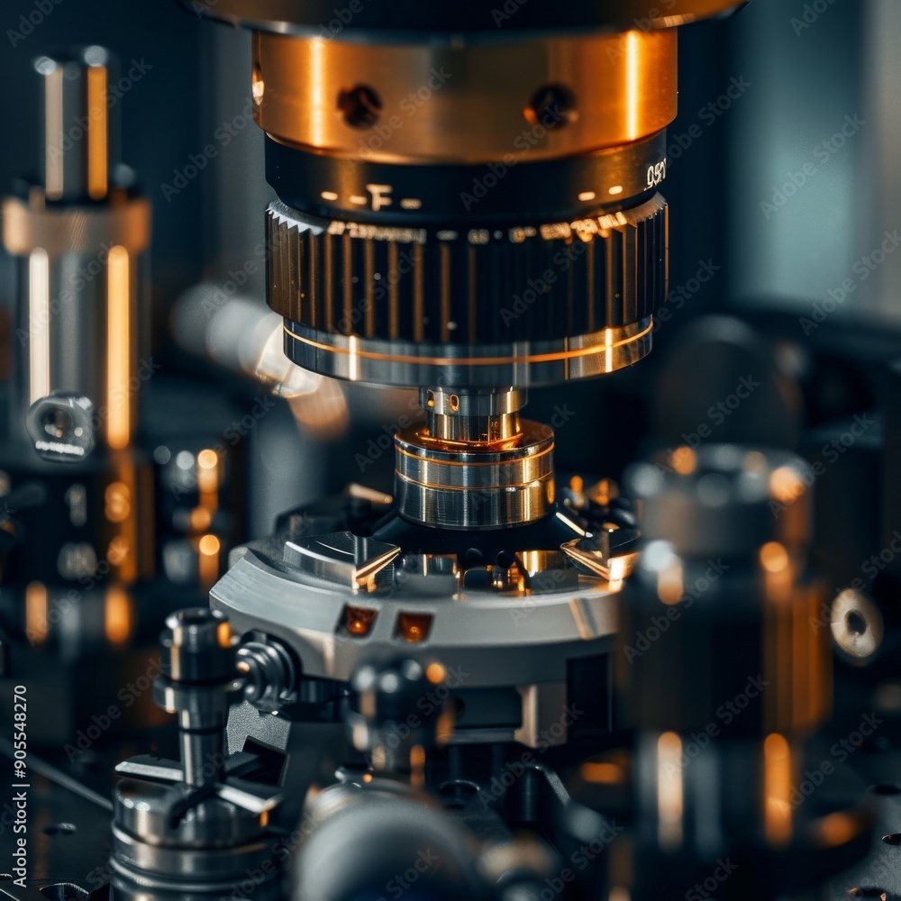 Poster close-up of a precision machining process with a metal part being worked on. the image highlights th