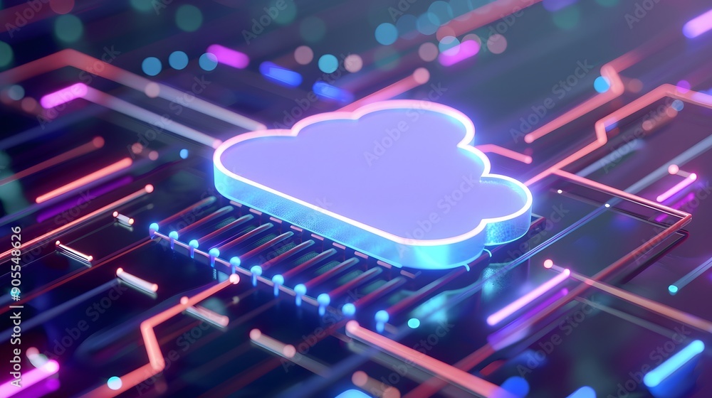 Poster digital cloud icon glowing on an illuminated circuit board, symbolizing cloud computing and futurist