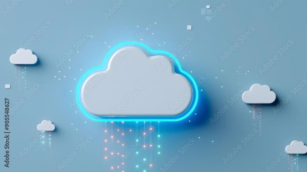 Poster digital cloud icon glowing with neon light on blue background symbolizing cloud computing and data s