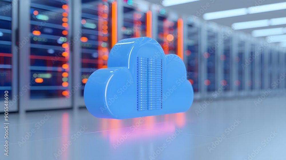 Poster digital cloud icon in modern data center, representing cloud computing and data storage technology.