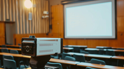 A modern lecture hall equipped with a projector and a large screen, with rows of chairs facing forward, set up for a lecture or presentation.