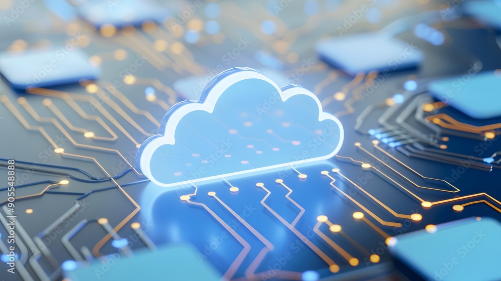 Poster digital cloud icon over circuit board, representing cloud computing technology, data storage, and fu