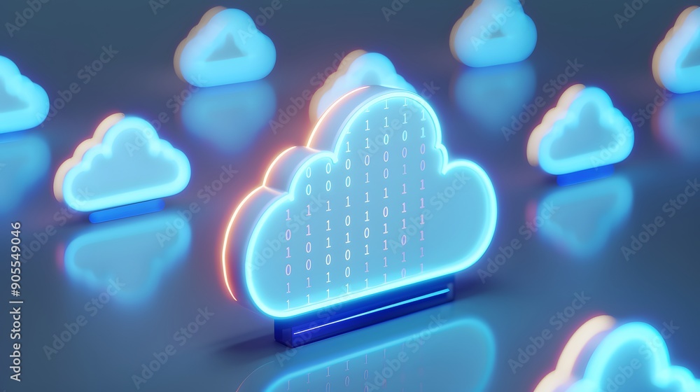 Poster digital cloud icons glowing with blue neon light, representing cloud computing and data storage tech