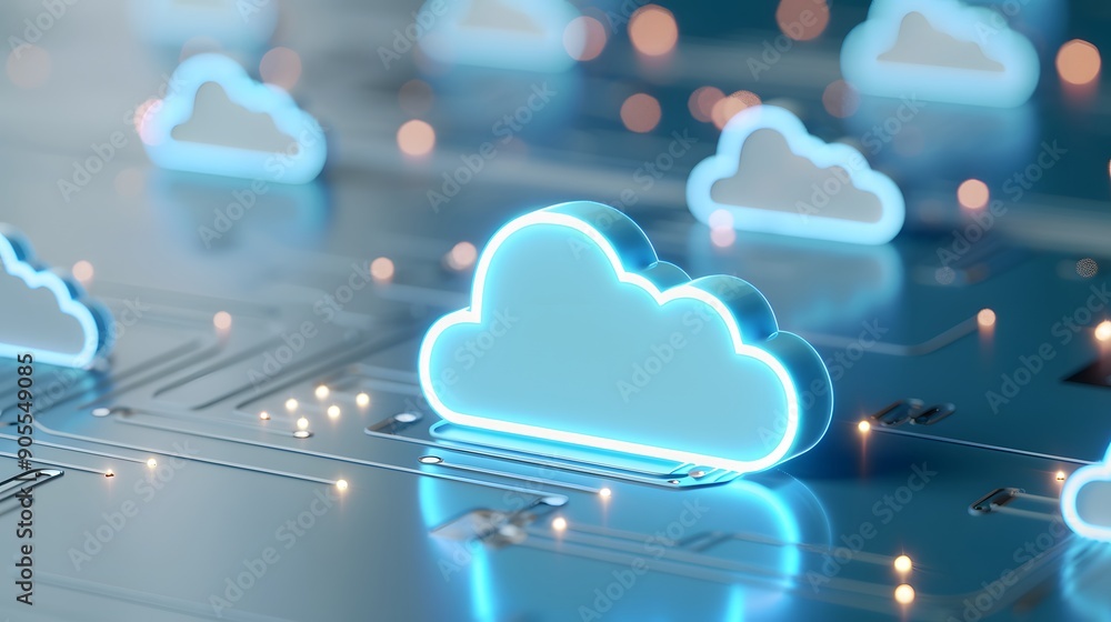 Poster Digital cloud icons representing cloud computing technology. Ideal for themes on virtual storage, data management, and internet services.