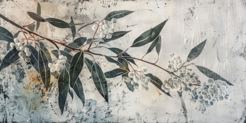 A detailed artistic representation of an Australian gum blossom branch, featuring delicate white flowers and elongated green leaves set against a textured background, capturing the beauty of nature
