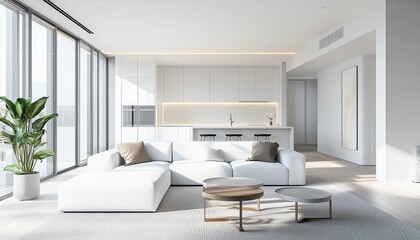 Fototapeta premium Modern white living room interior, modern design, mock up furniture decorative interior and pantryisland bar, 3d rendering