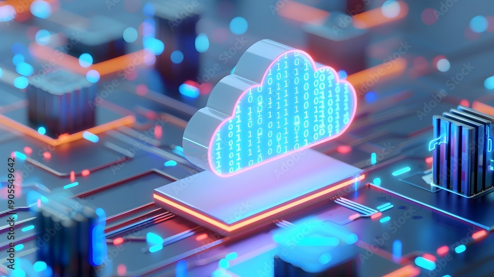 Poster digital cloud storage concept with futuristic glowing data lights in a network. represents modern co