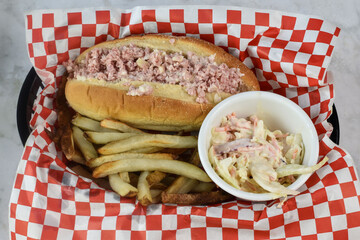 spam salad sub  with french fries and cole slaw