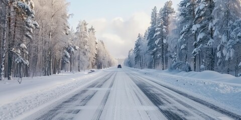 Beautiful long snow highway view in cold weather. AI generation.