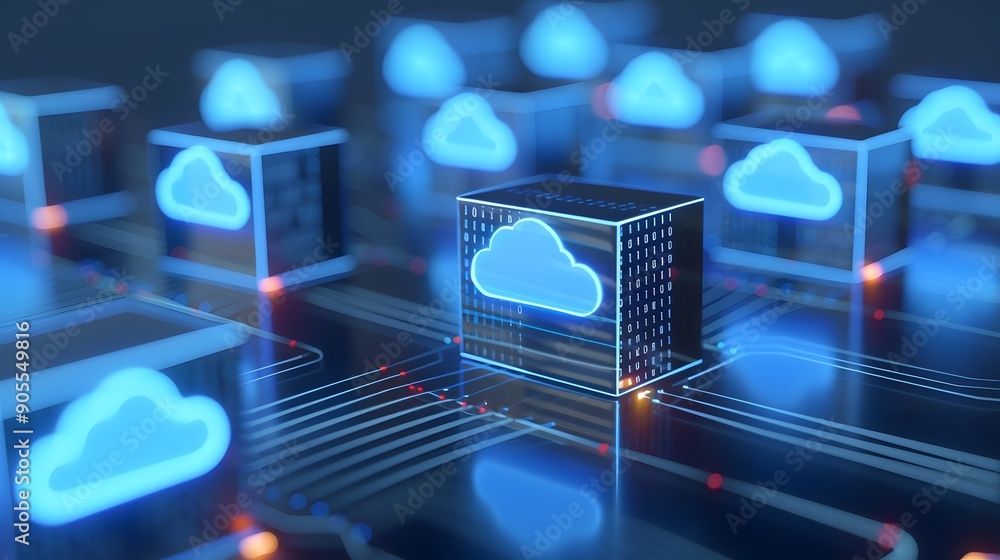 Poster digital cloud storage technology concept showing futuristic data center with cloud icons connected o